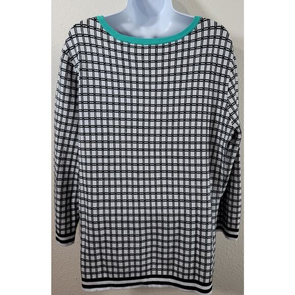 Cato Black White Check Round Neck Sweater Top XL Soft Stretchy Cozy Banded Waist - Picture 2 of 5